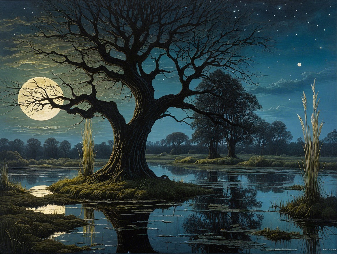 Serene Nighttime Landscape with Moonlit Reflection