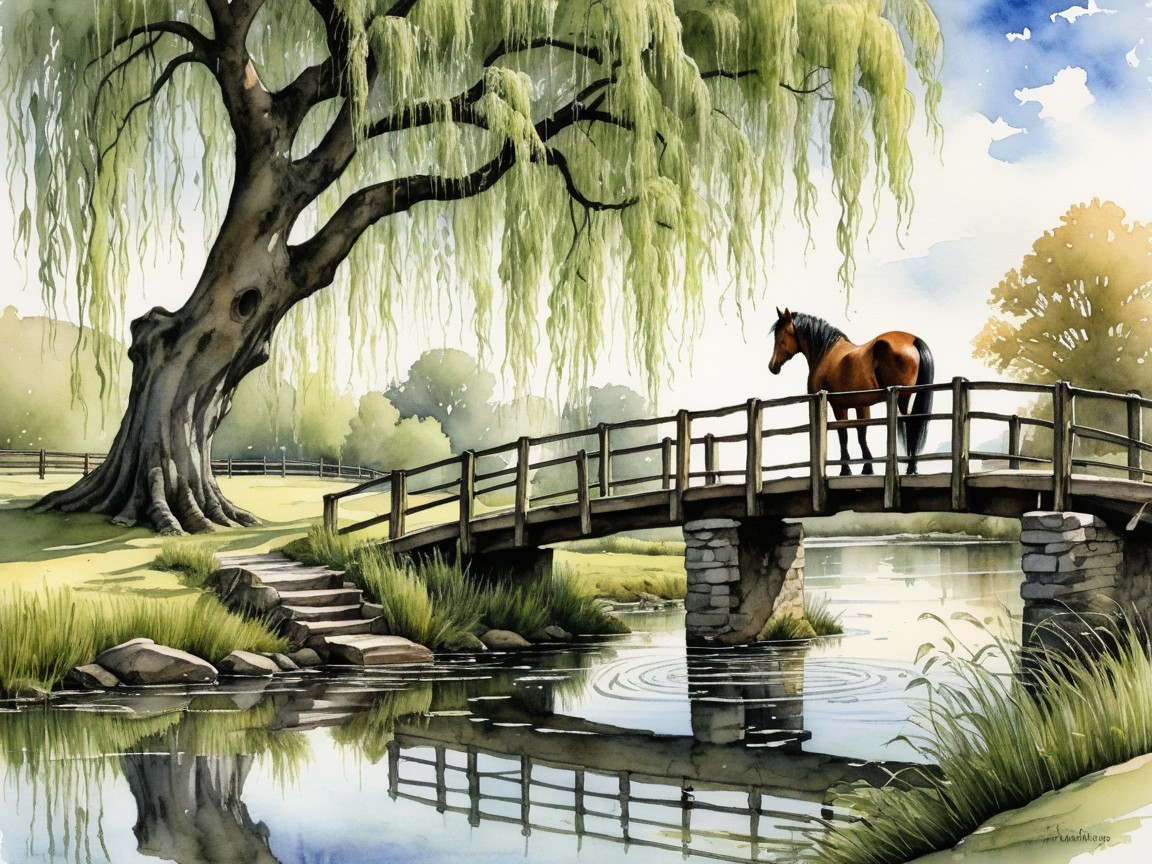 Tranquil Landscape with Horse on Wooden Bridge