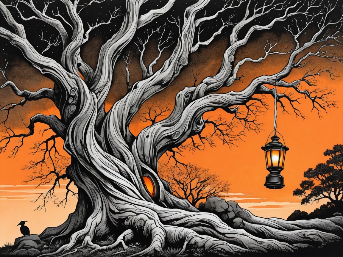 Spooky Banyan Tree Silhouette Against Orange Sky