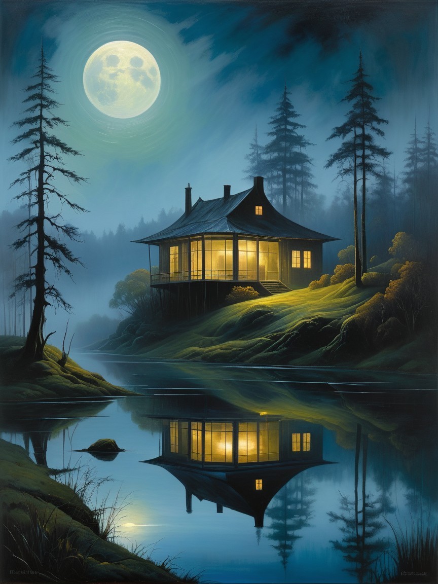 Cozy House by Moonlit Lake with Misty Trees