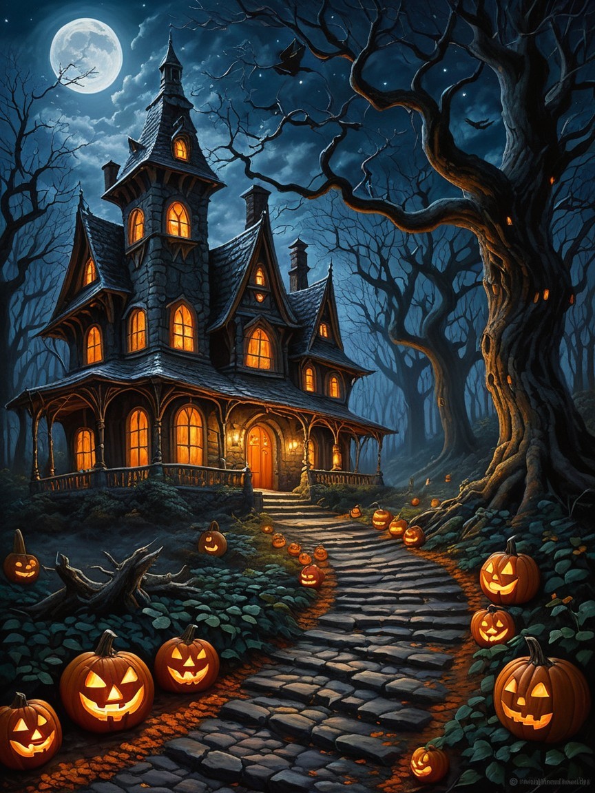 Ornate Haunted House Scene Under Full Moonlight