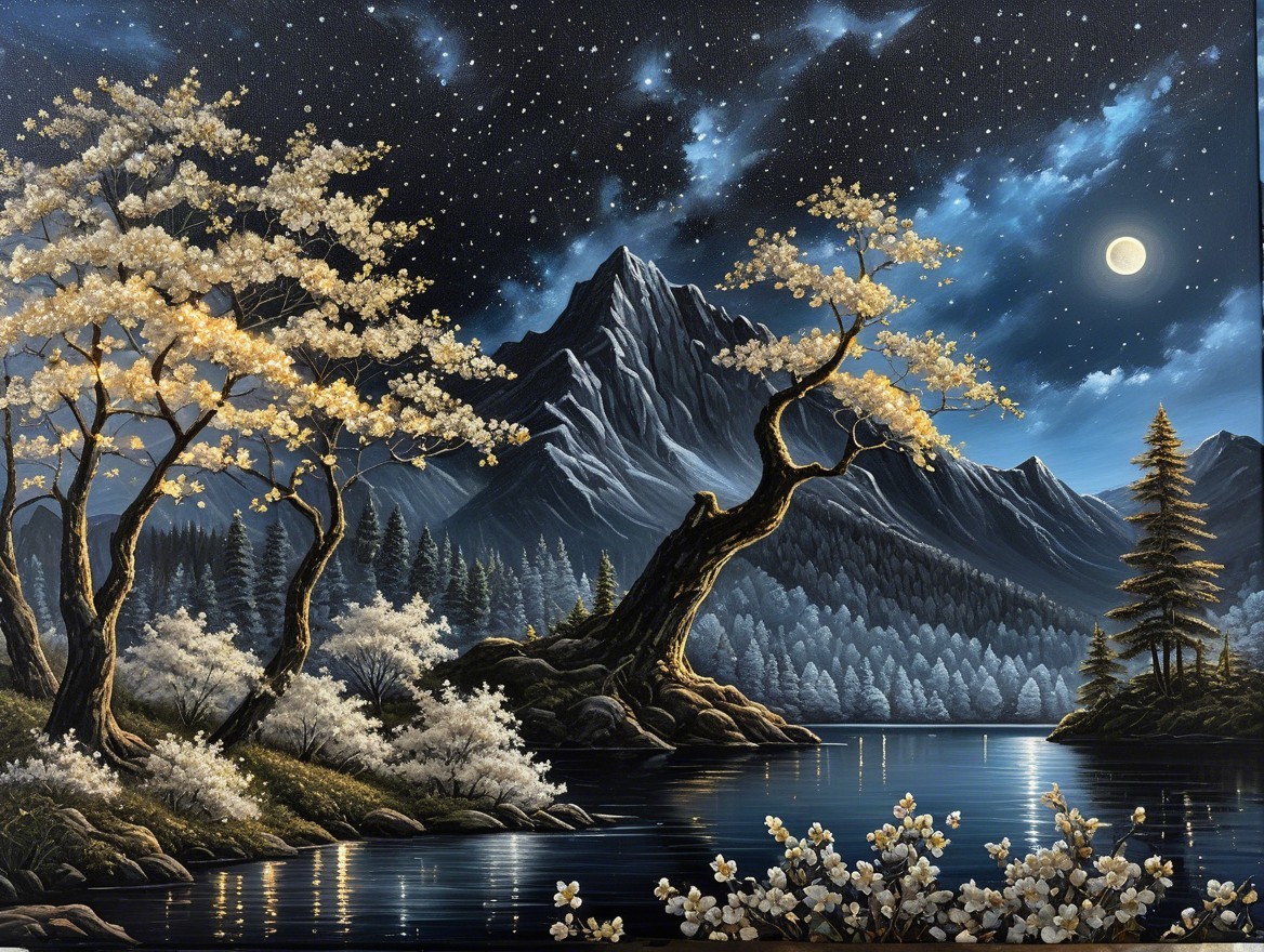 Tranquil Night Landscape with Lake and Starry Sky