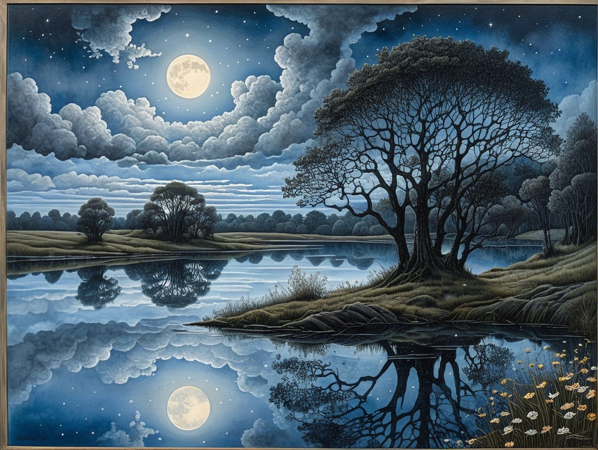 Tranquil Night Landscape with Full Moon and Reflections