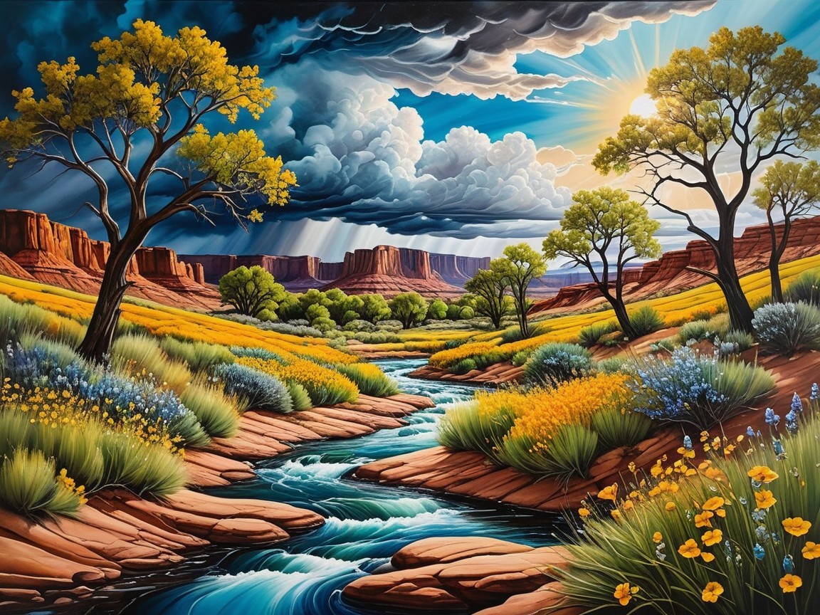Vibrant Landscape with River, Wildflowers, and Rocks