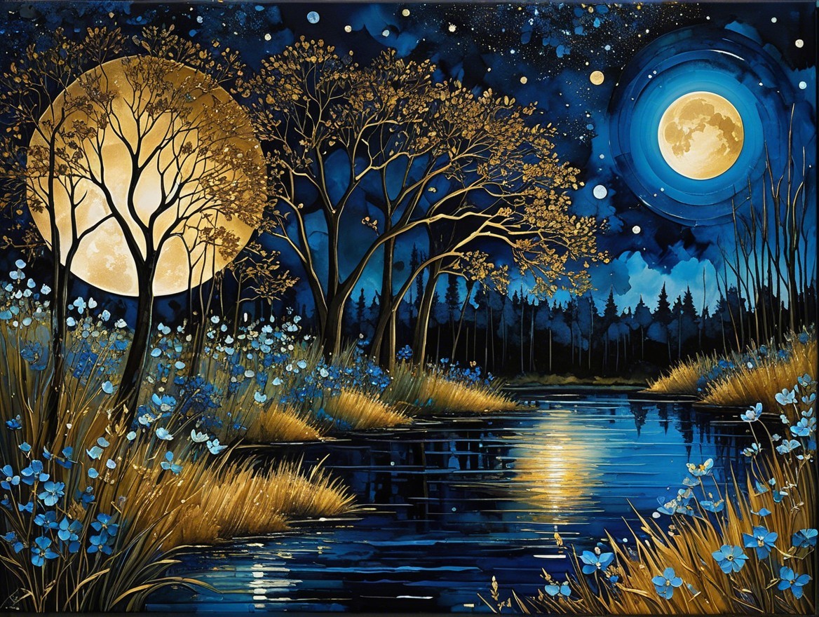 Serene Nighttime Landscape with Two Moons and River