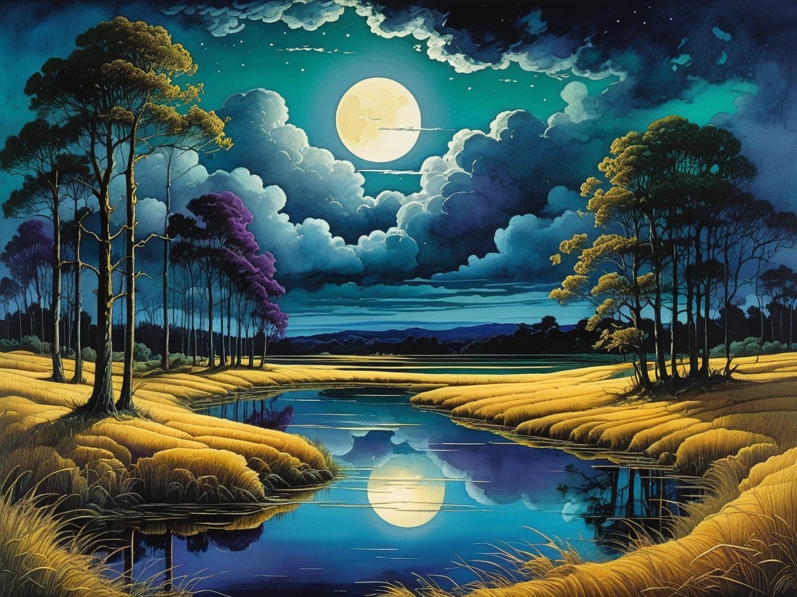 Serene Night Landscape with Full Moon and Tranquil River