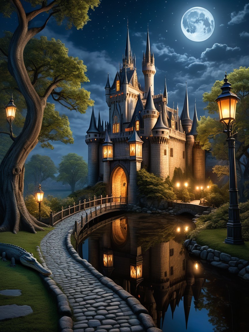 Majestic castle illuminated by moonlight at night
