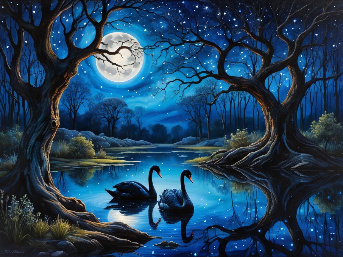 Serene Nighttime Landscape with Swans and Moonlight
