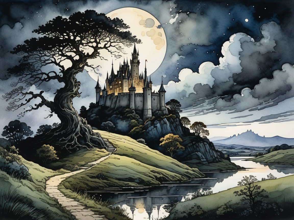 Castle on Rocky Hill Under Full Moonlight