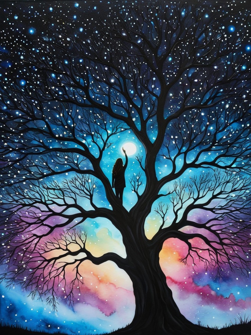 Silhouetted Figure on Leafless Tree Under Crescent Moon