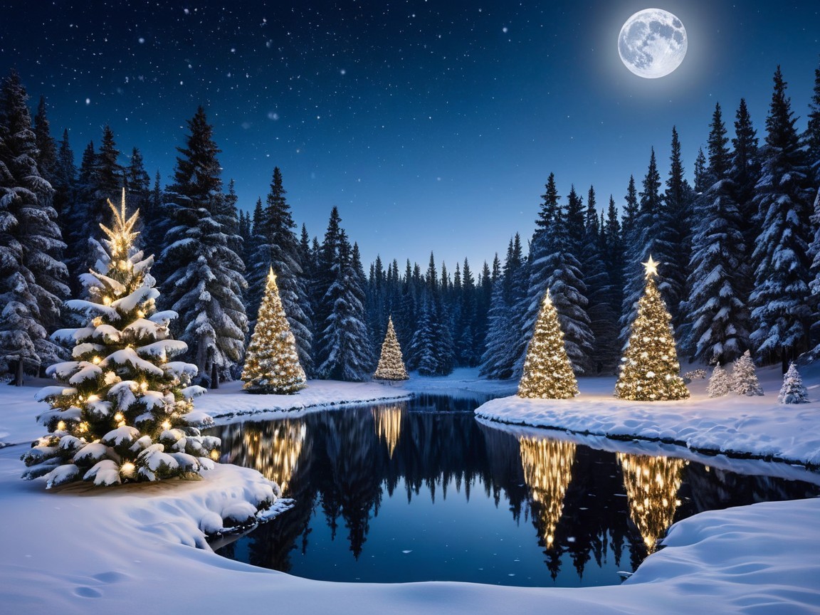 Serene Winter Scene with Moonlit River and Trees
