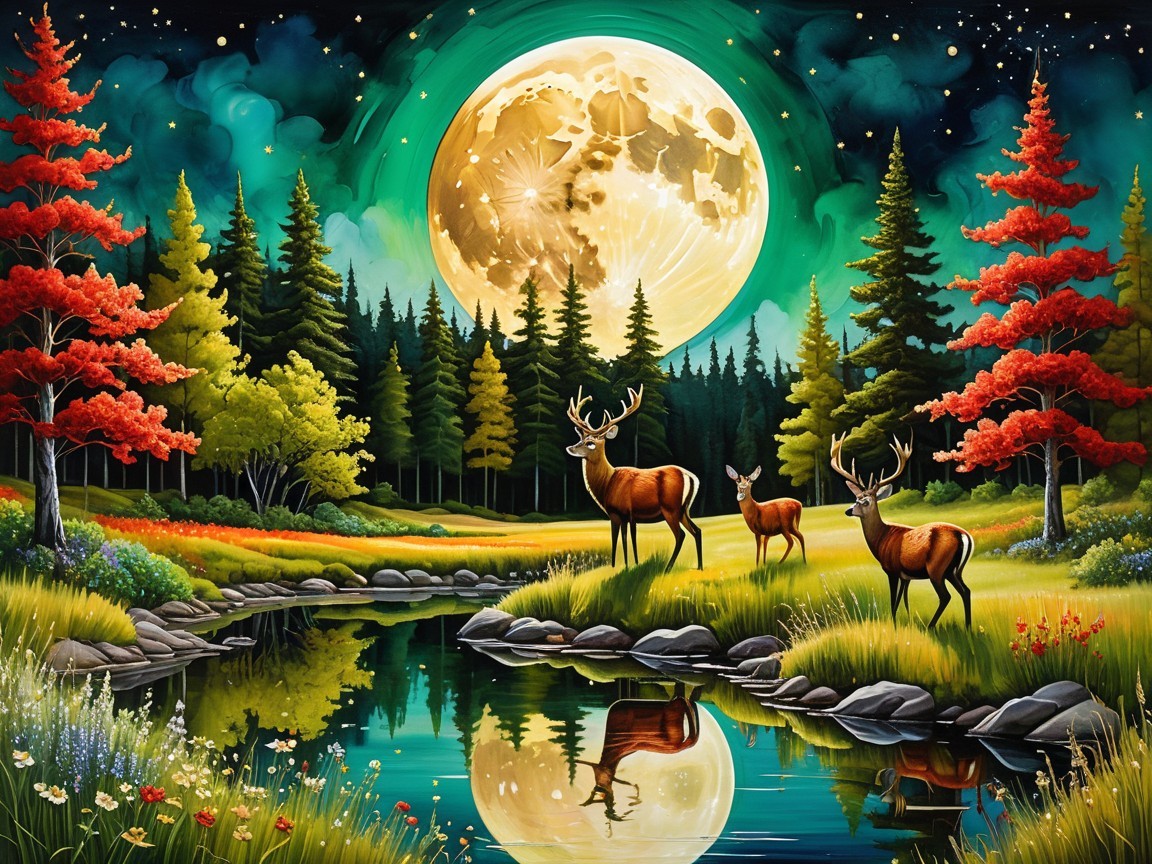 Vibrant Night Landscape with Deer and Full Moon
