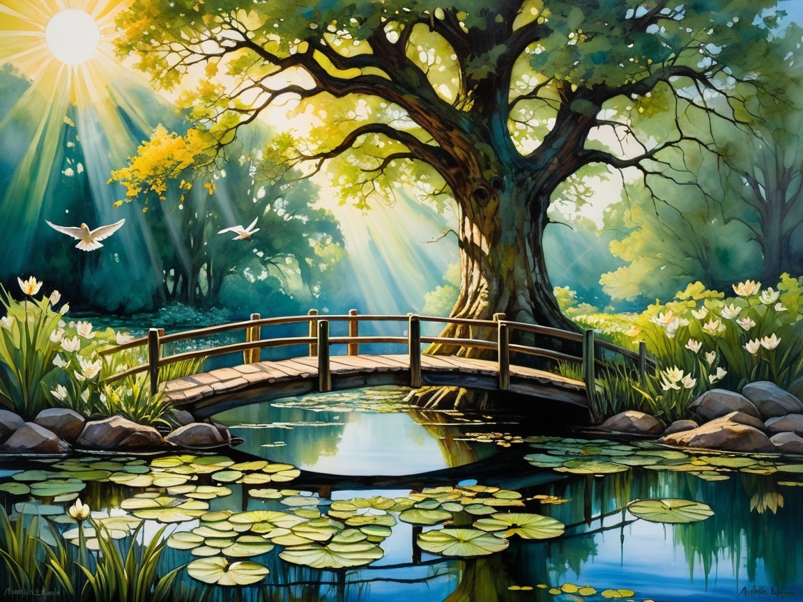Serene Landscape with Tree, Pond, and Birds