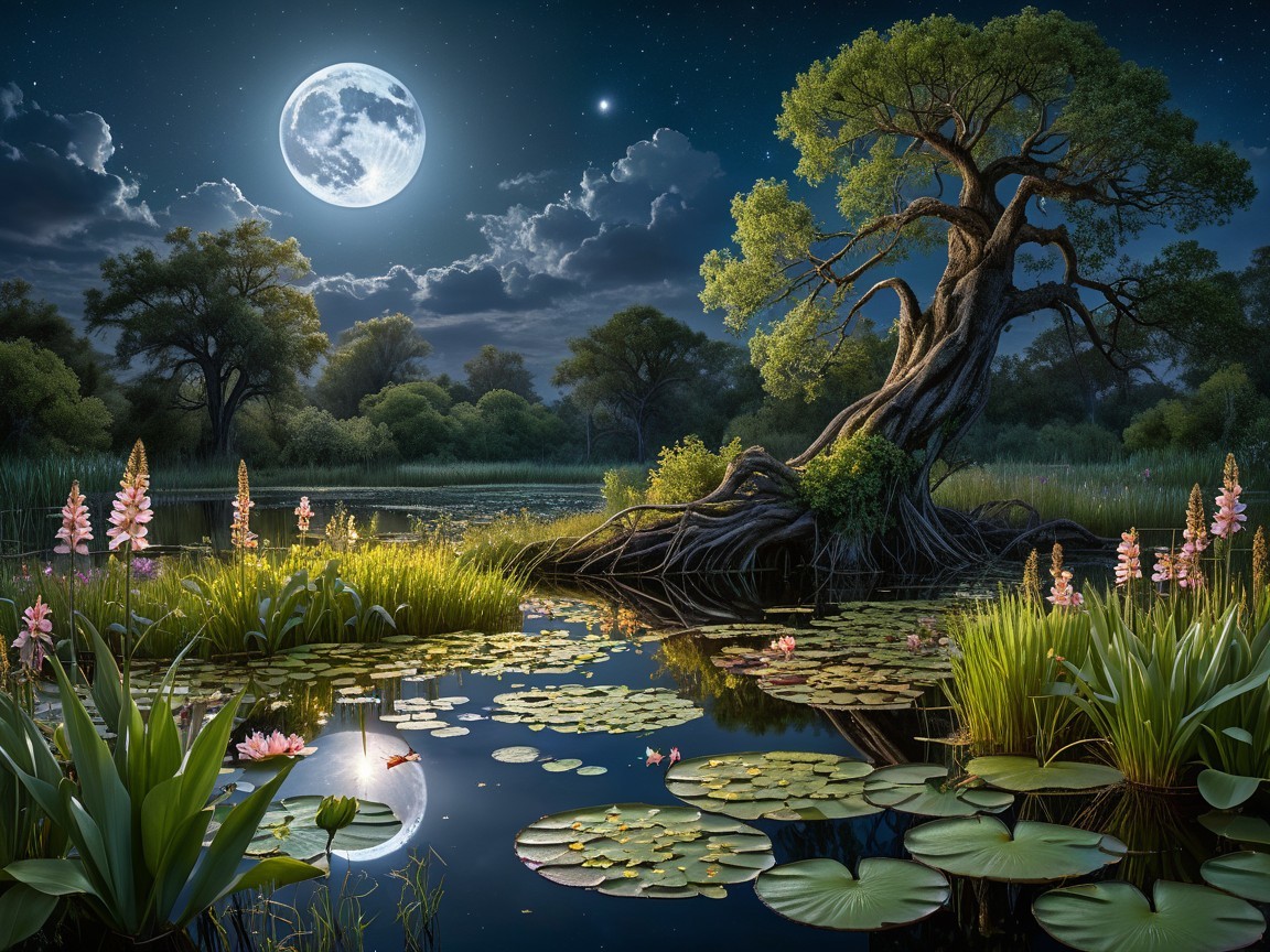 Serene Nighttime Landscape with Calm Pond and Moonlight