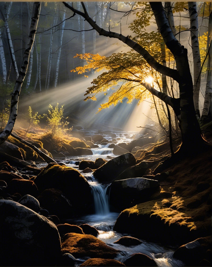 Sunlight Filters Through Trees in Serene Forest Scene