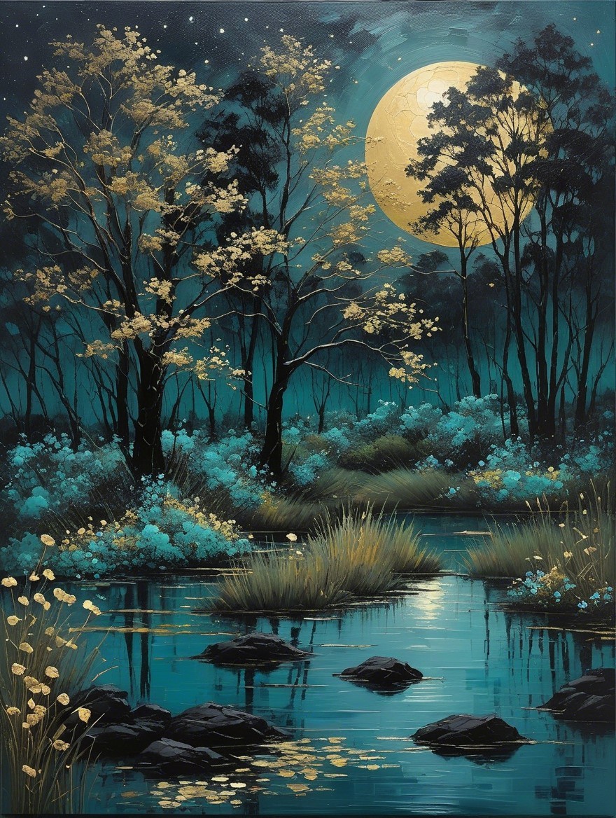 Serene Nighttime Landscape with Moonlit River