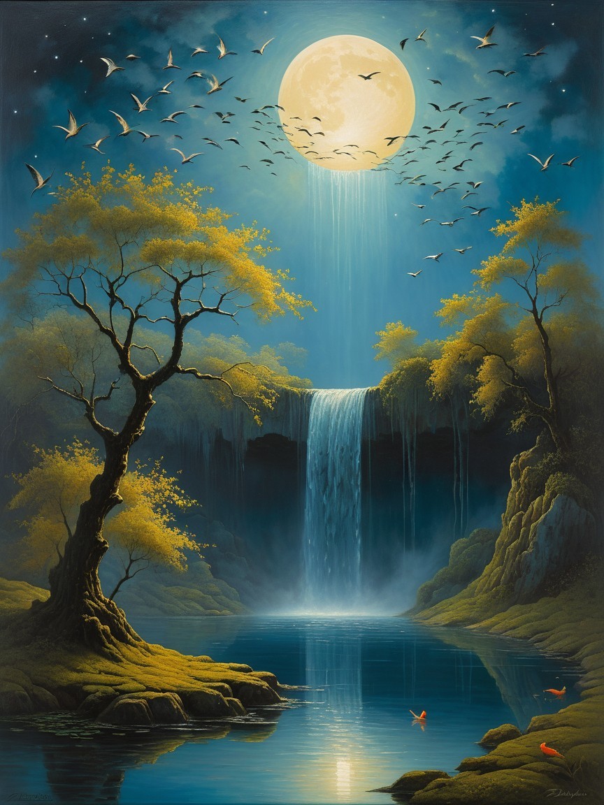 Serene Night Scene with Full Moon and Waterfall