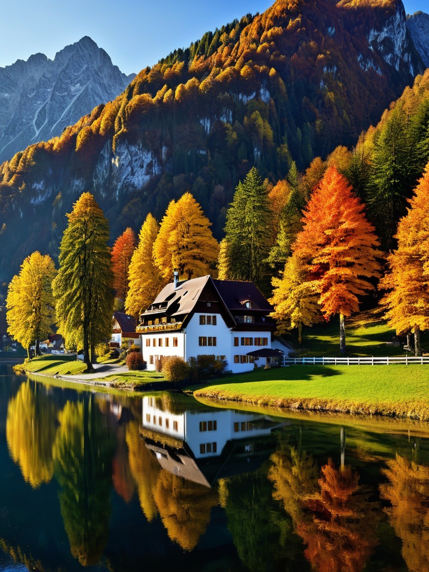 Charming White House by Tranquil Lake in Autumn景色