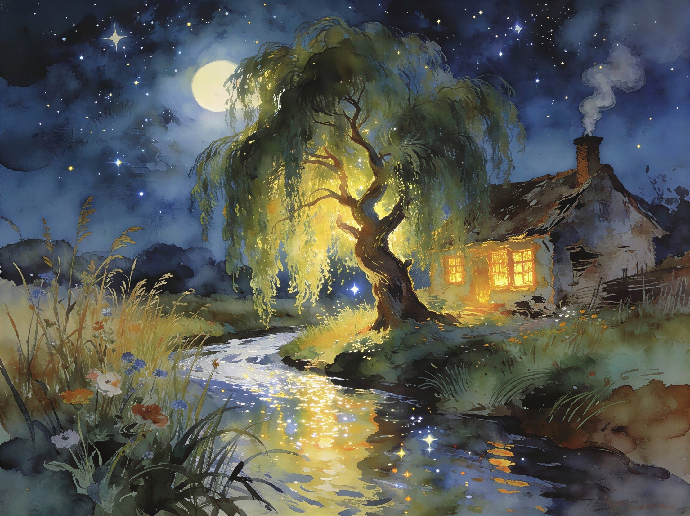 Watercolor Painting of Cottage Under Willow Tree at Night
