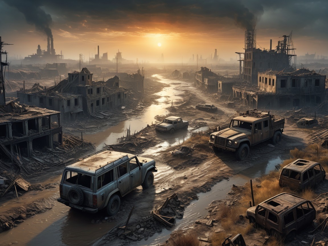 Desolate Landscape with Abandoned Buildings at Sunset