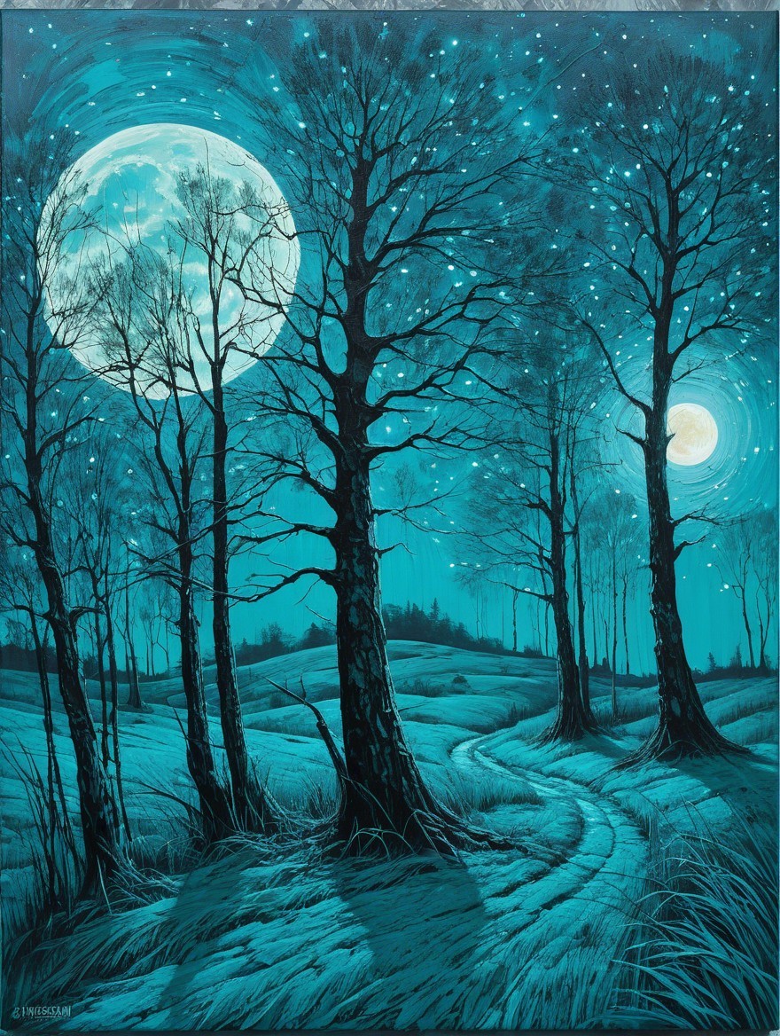 Serene Night Landscape with Two Moons and Trees