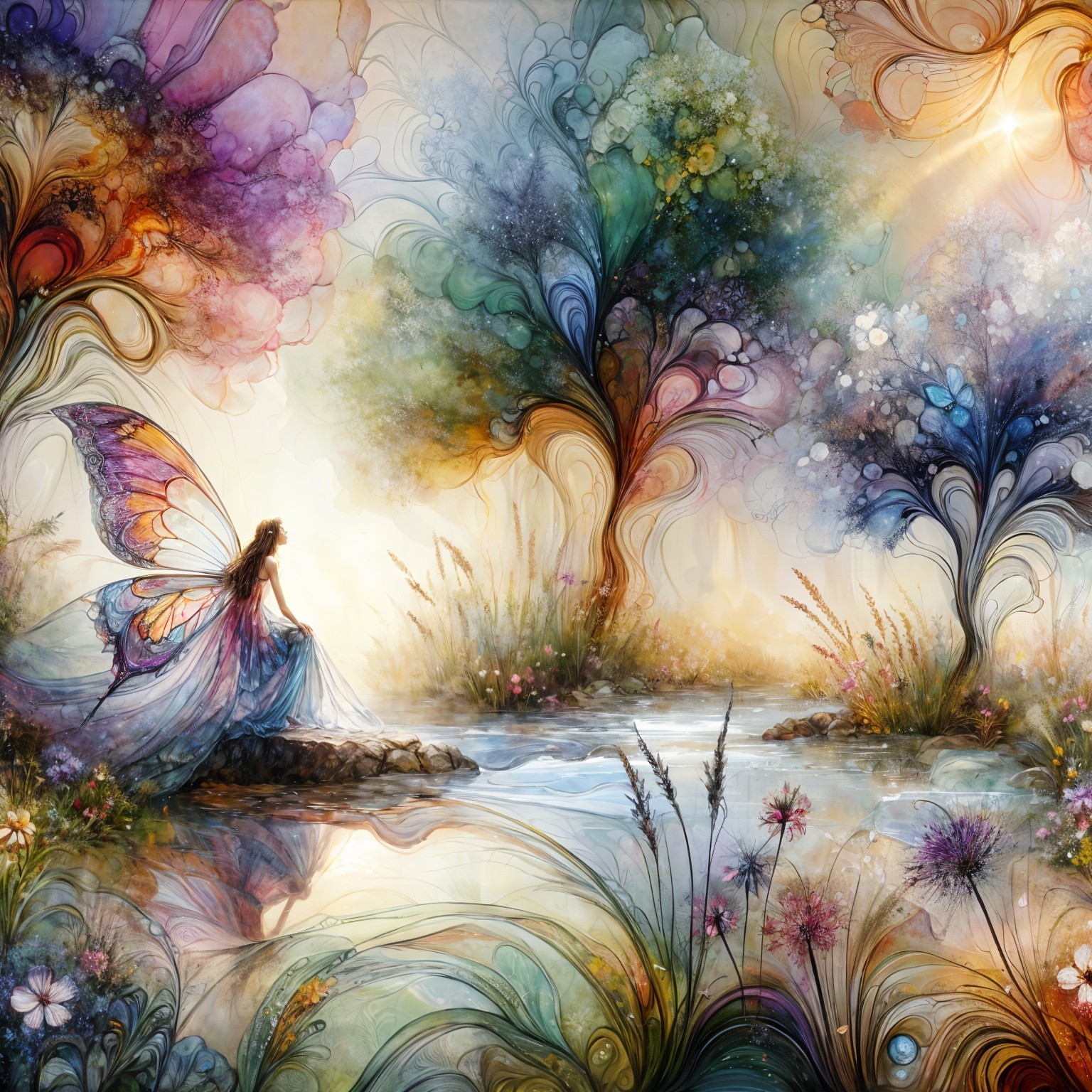 Butterfly-Winged Figure by a Tranquil River Scene