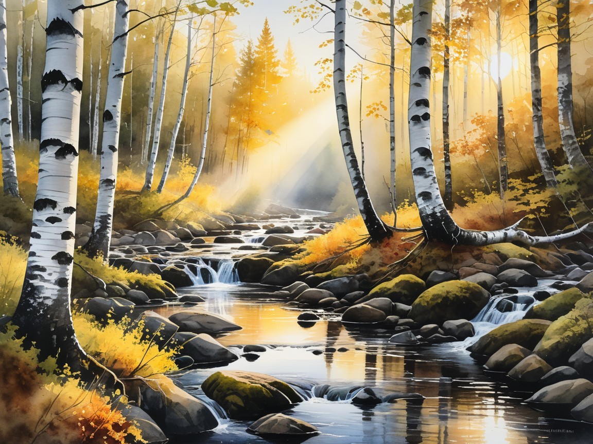 Tranquil Stream in Golden-Hued Autumn Forest