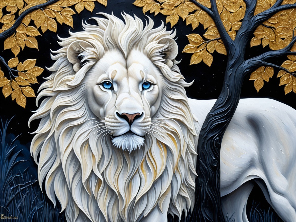 Majestic white lion in serene nighttime setting
