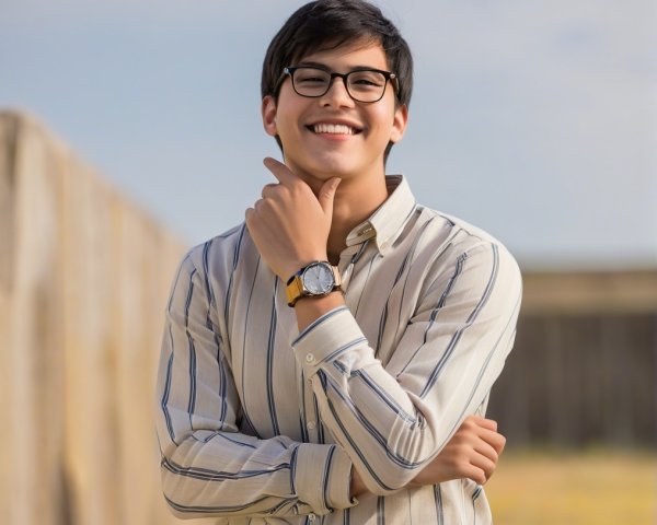 Young man smiling outdoors in striped shirt and glasses