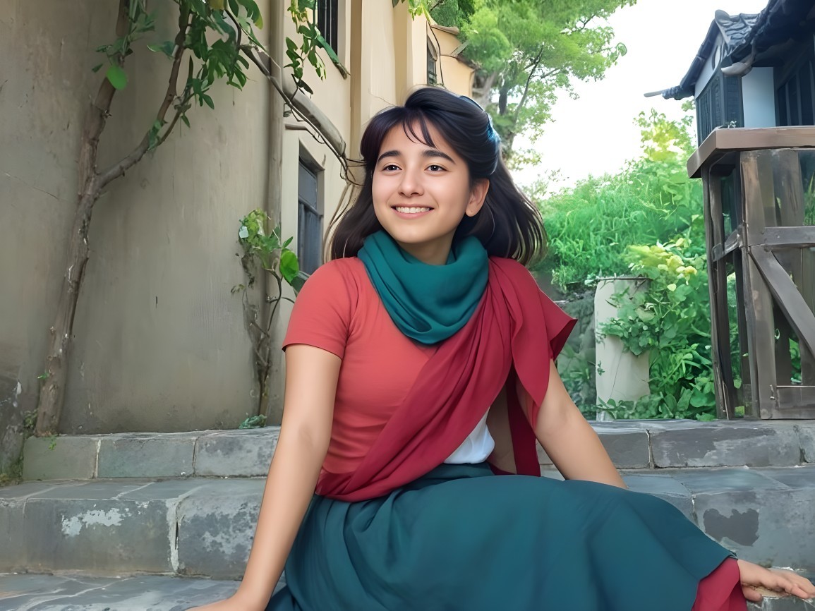 Young woman in vibrant outfit on stone steps in garden
