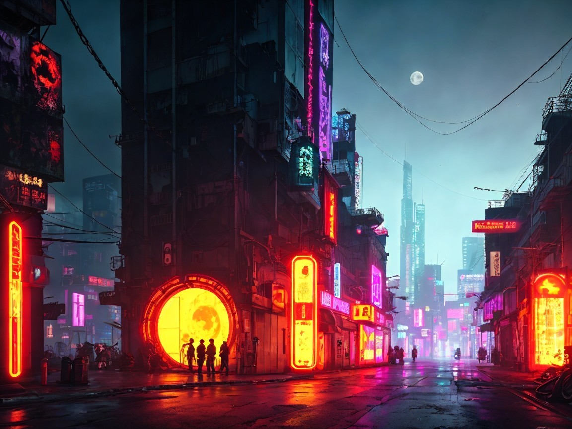 Futuristic cityscape with neon lights and foggy night