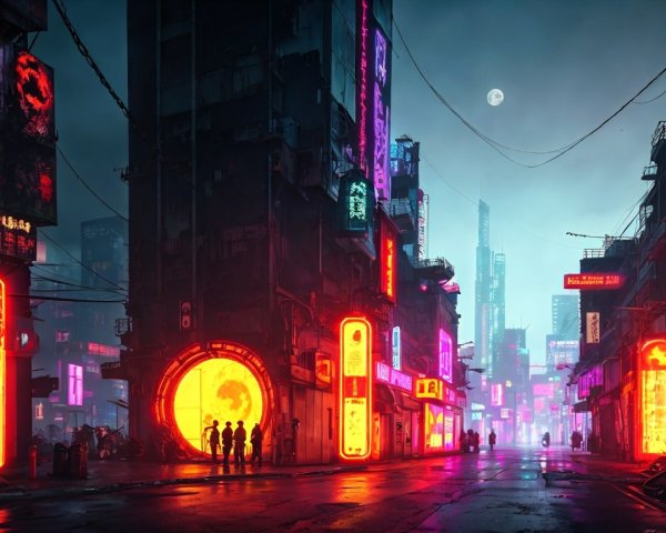 Futuristic cityscape with neon lights and foggy night