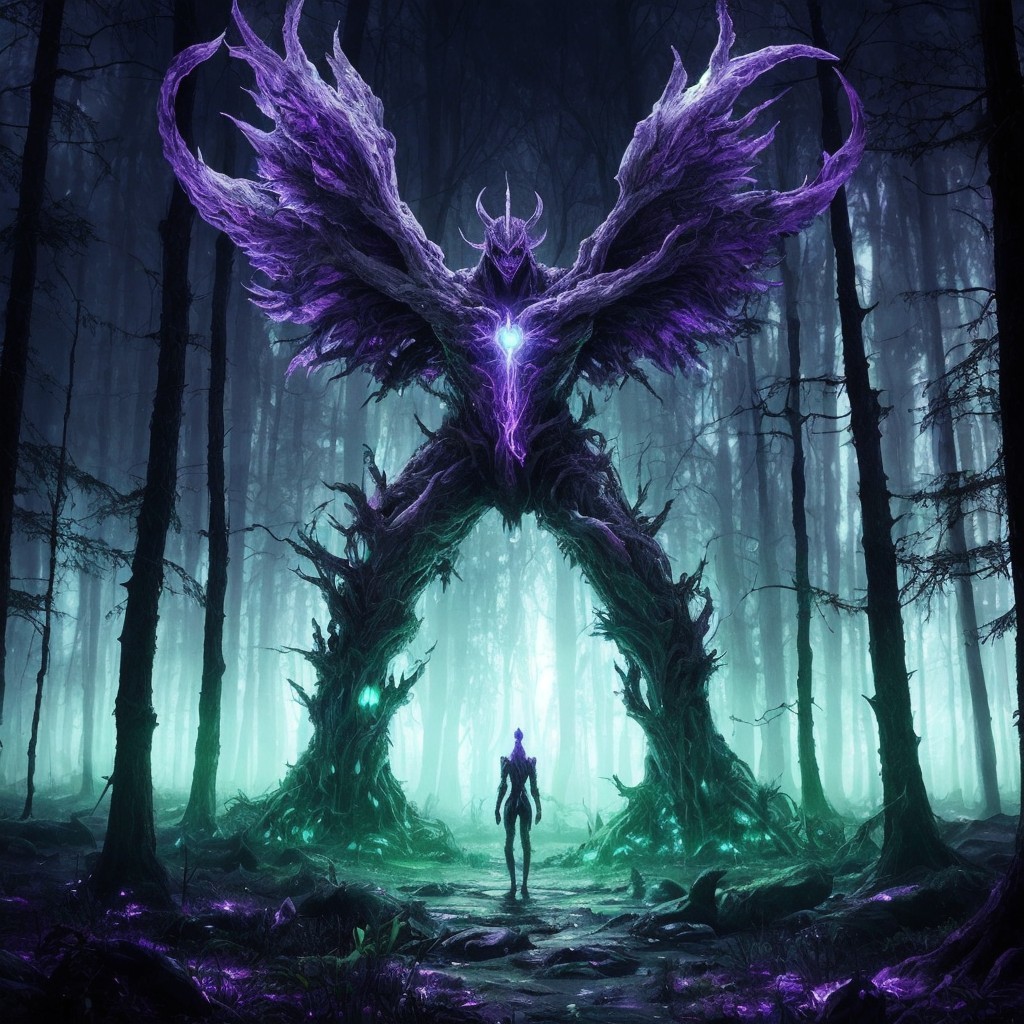 Otherworldly Guardian in Mystical Forest Scene