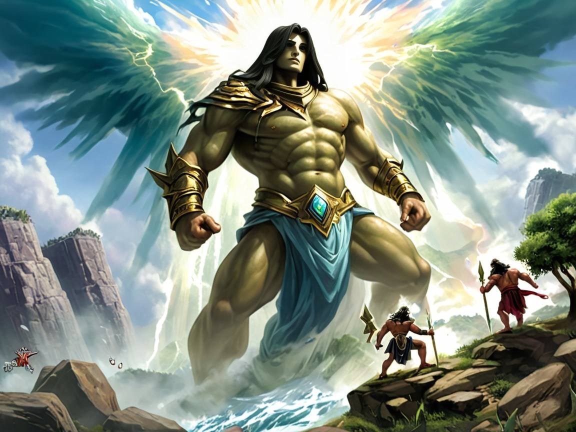 Majestic Figure with Wings in Dramatic Landscape