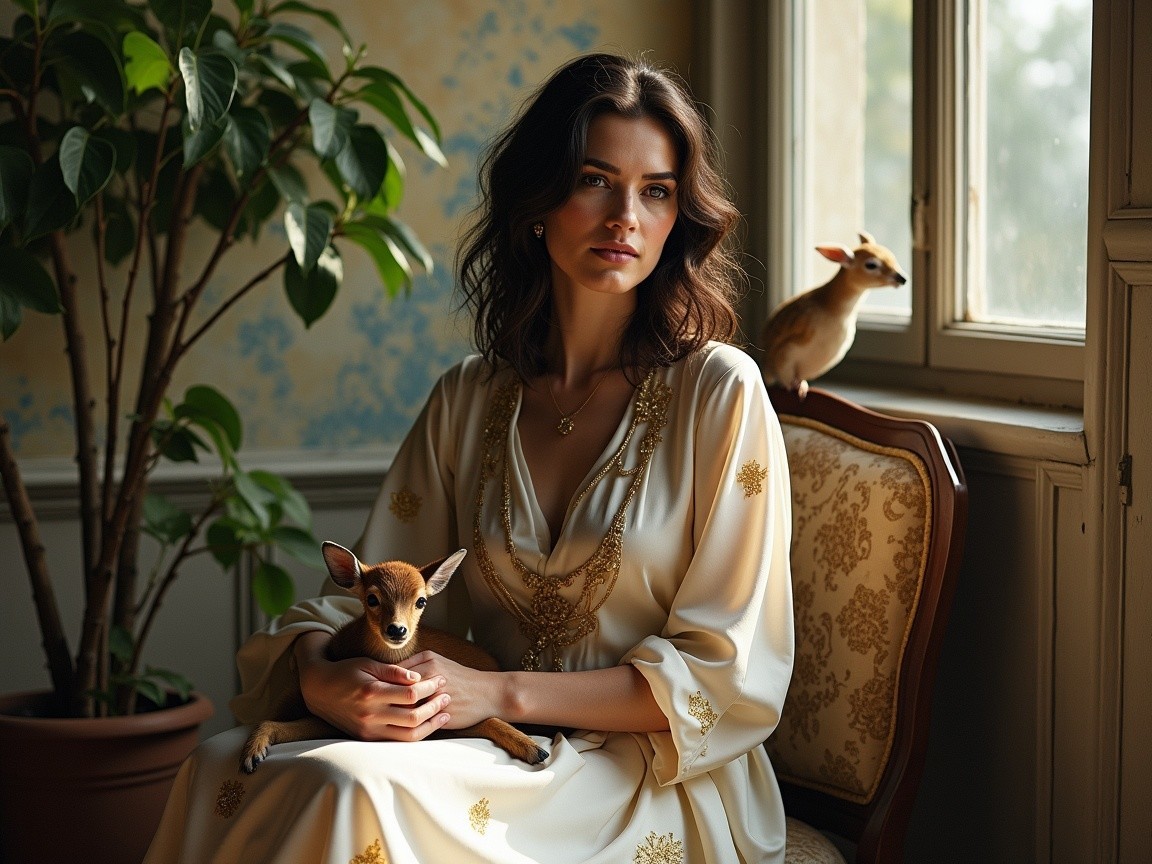 Young Woman in Elegant Room with Dog and Plant