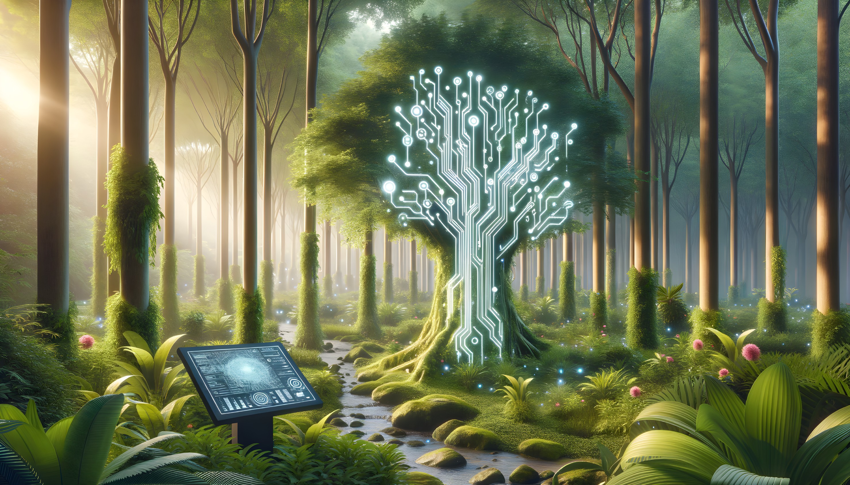 Futuristic forest scene with glowing circuit-like tree and digital tablet in mystical setting