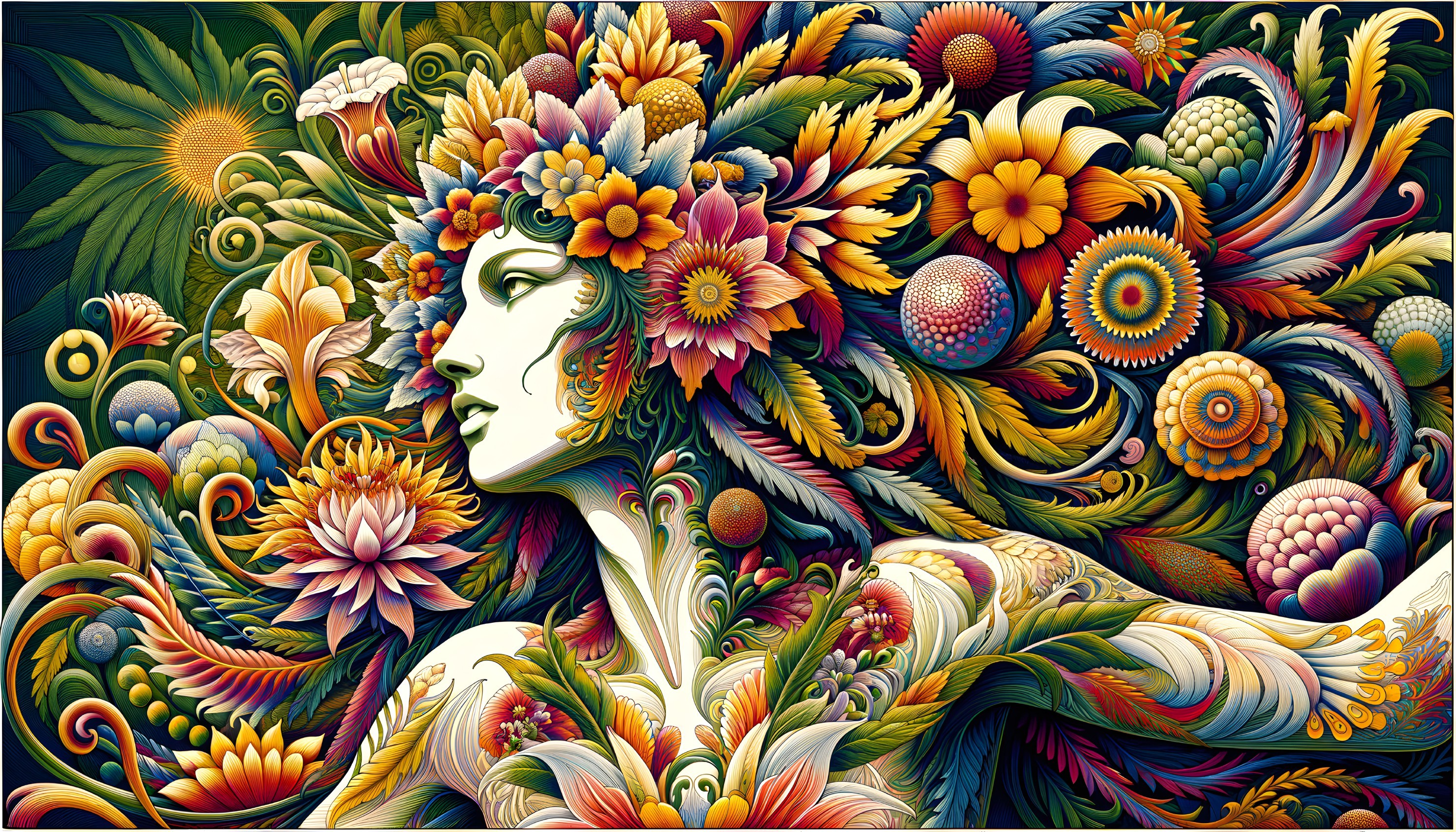 Vibrant Artwork of Woman's Profile with Floral Patterns