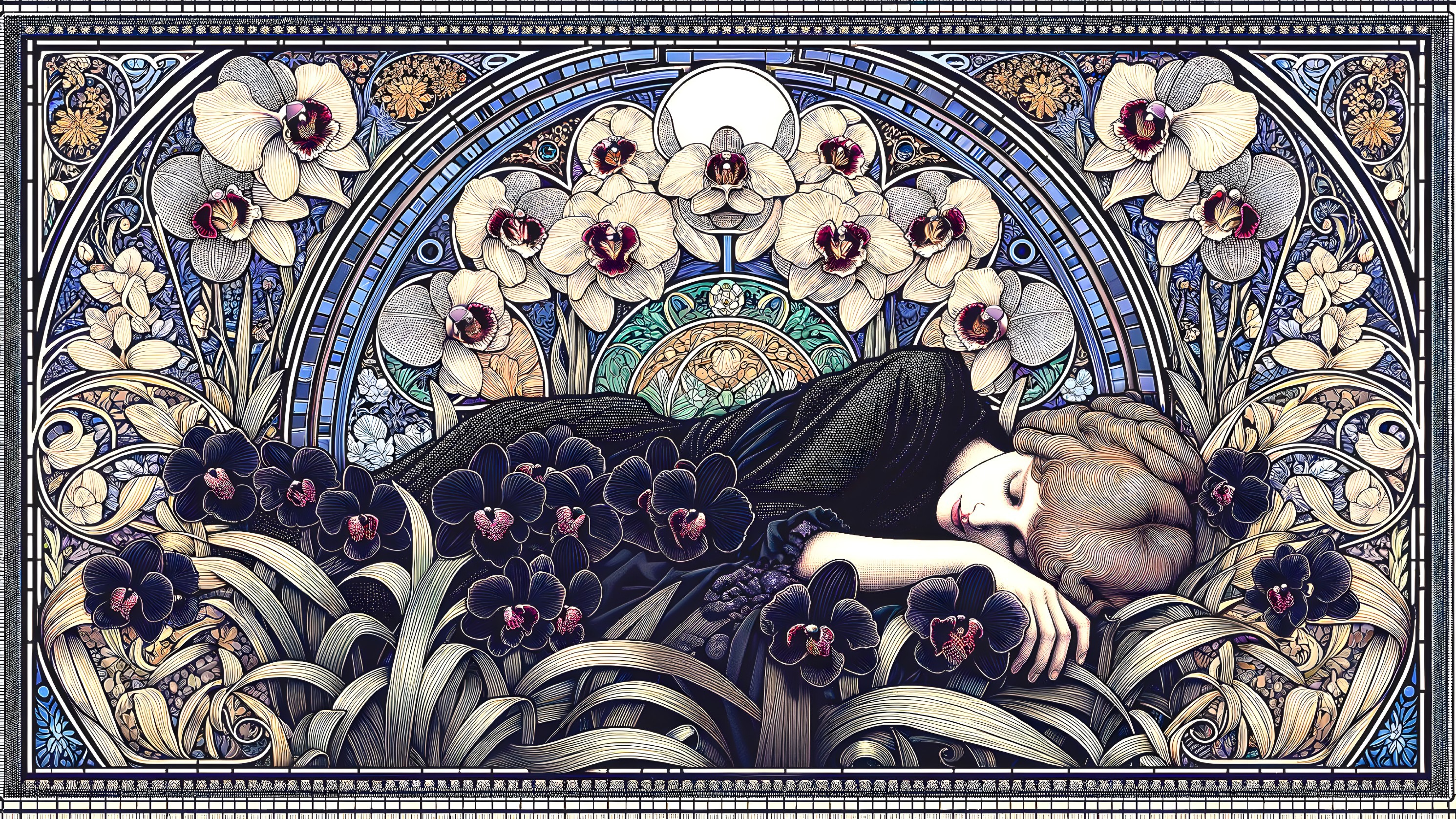 Serene Illustration of a Woman Among Black Orchids