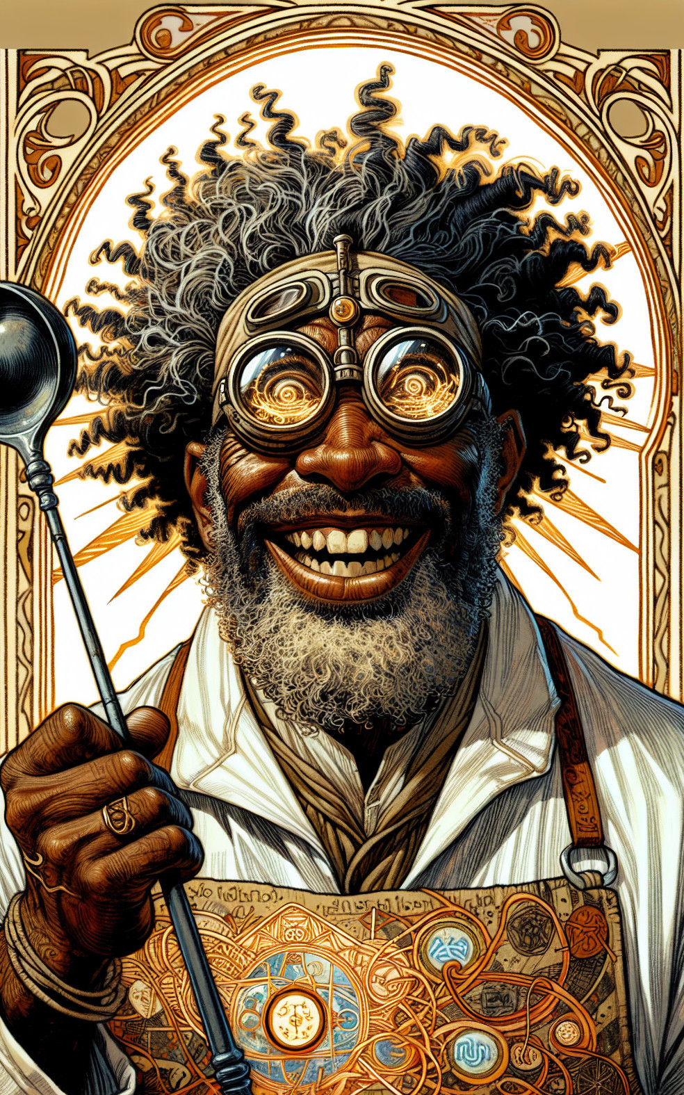 Elderly Black man in lab coat with alchemical apron