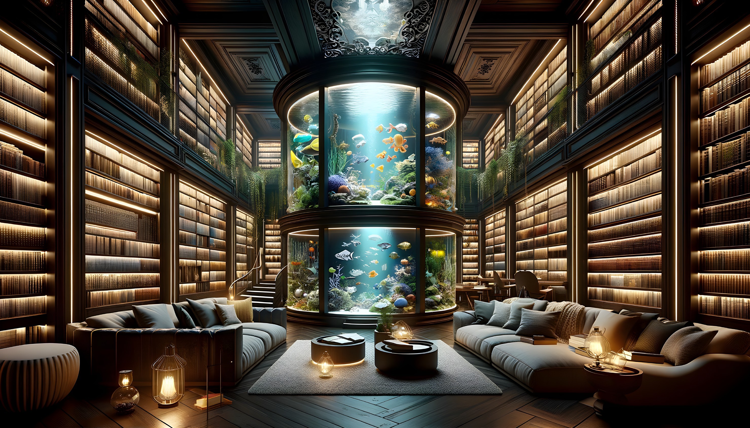 Luxurious Library with Towering Bookshelves and Aquarium