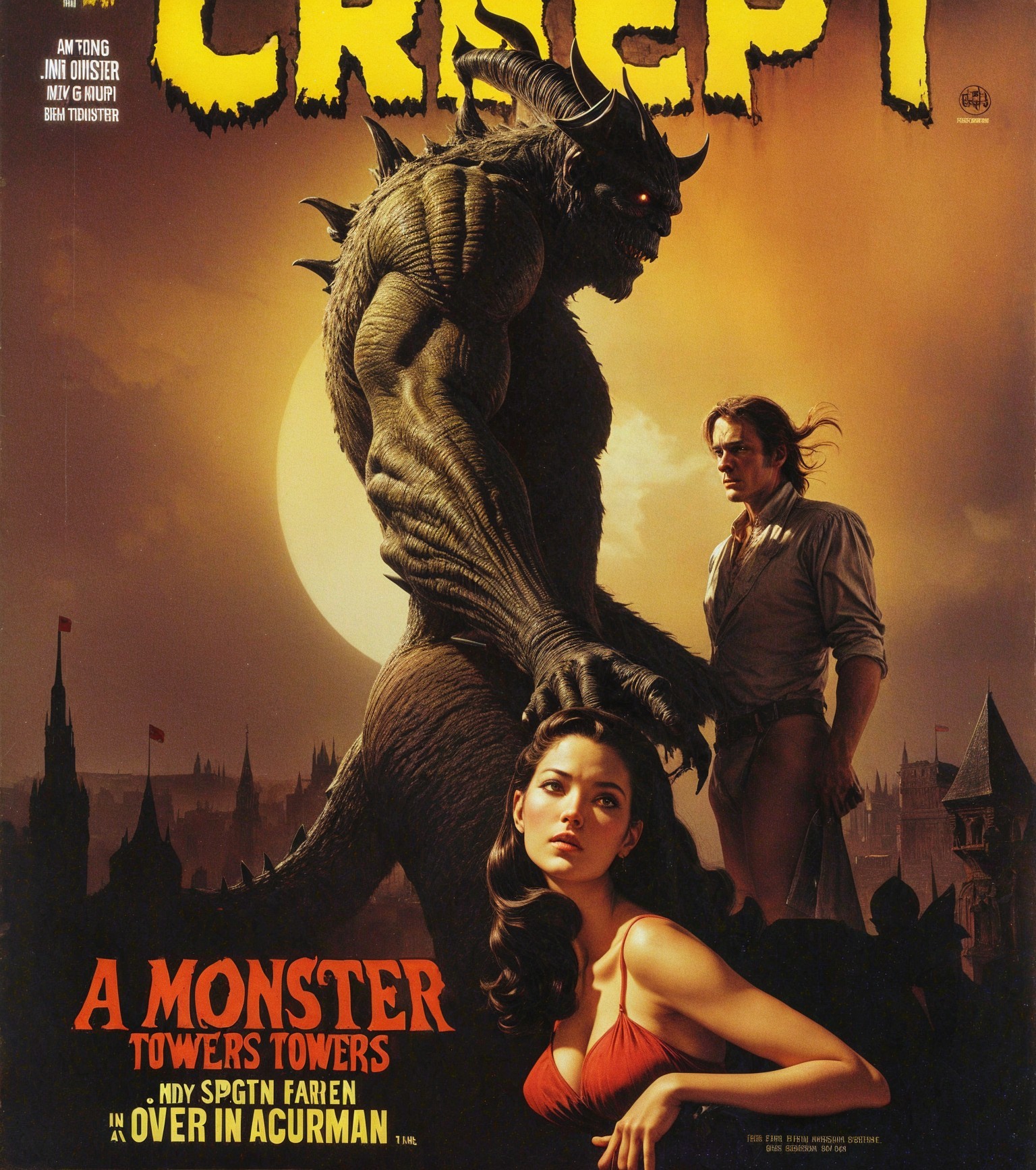 Dark Fantasy Poster with Creature and Medieval Town