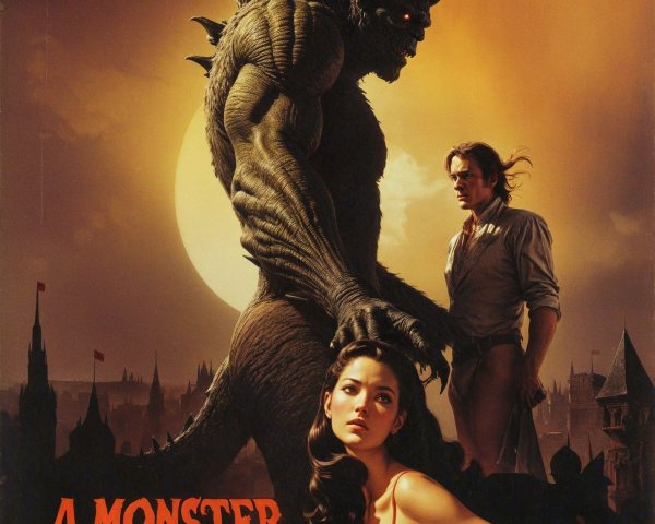 Dark Fantasy Poster with Creature and Medieval Town