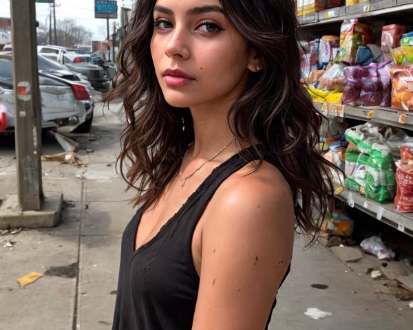 Young Woman at a Colorful Street Market Setting