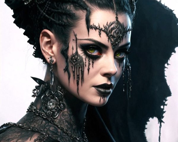 Gothic Figure with Intricate Tattoos and Dramatic Makeup