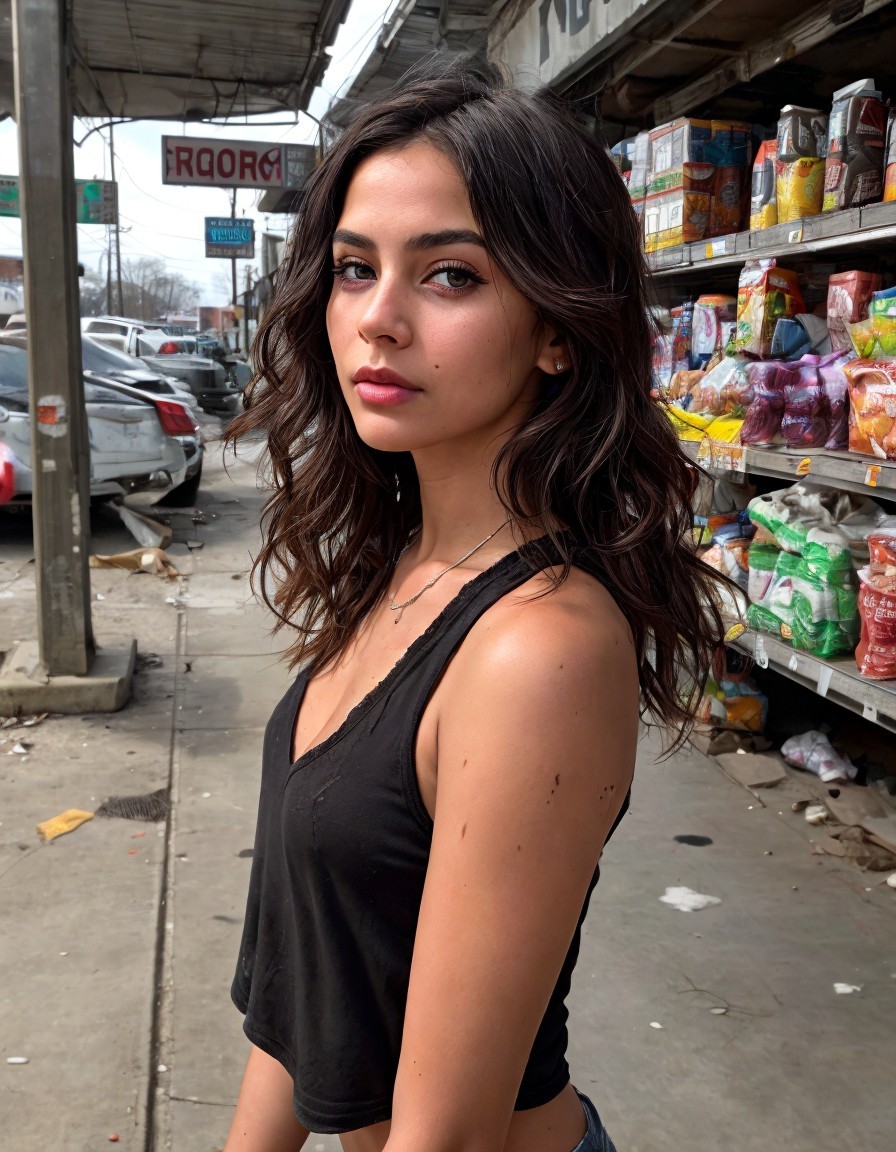 Young Woman at a Colorful Street Market Setting