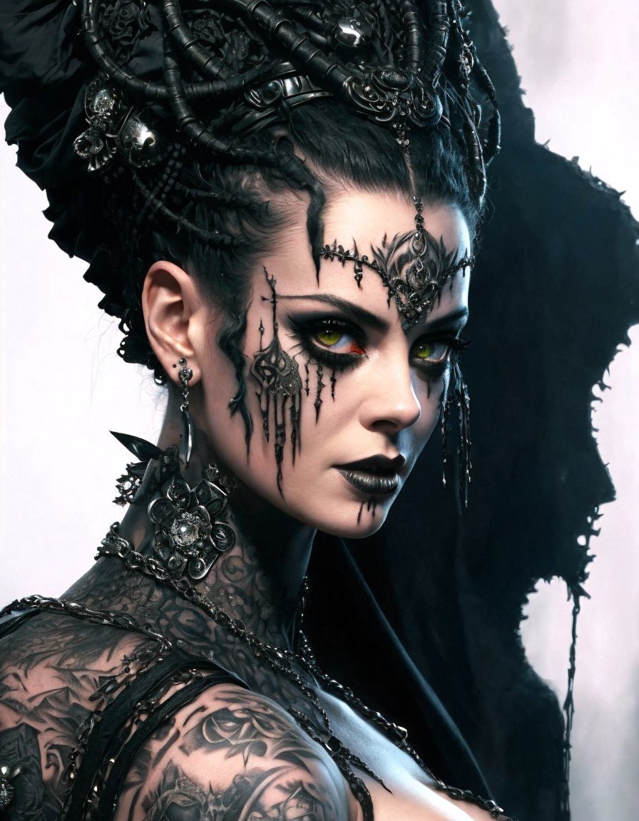 Gothic Figure with Intricate Tattoos and Dramatic Makeup