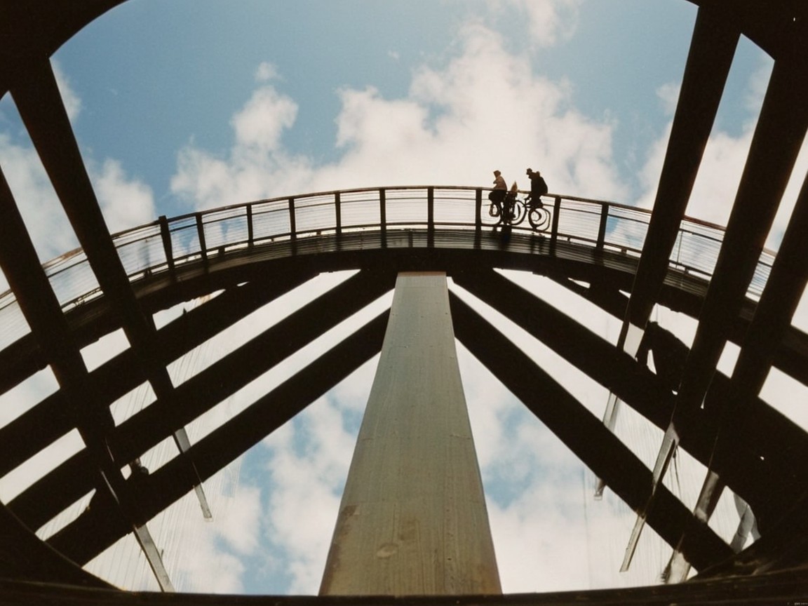 Curved Pedestrian Bridge Under Partly Cloudy Sky