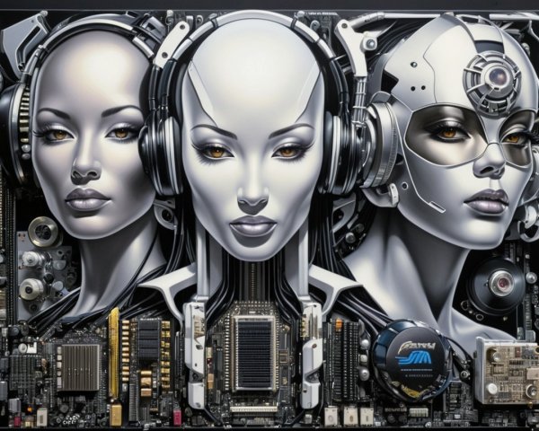 Futuristic Artwork of Three Robotic Faces with Details