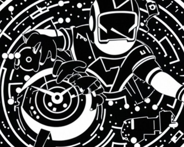 Stylized Astronaut Surrounded by Abstract Space Patterns