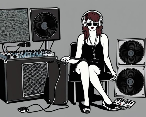 Cartoon of a Woman with Musical Instruments and Gear